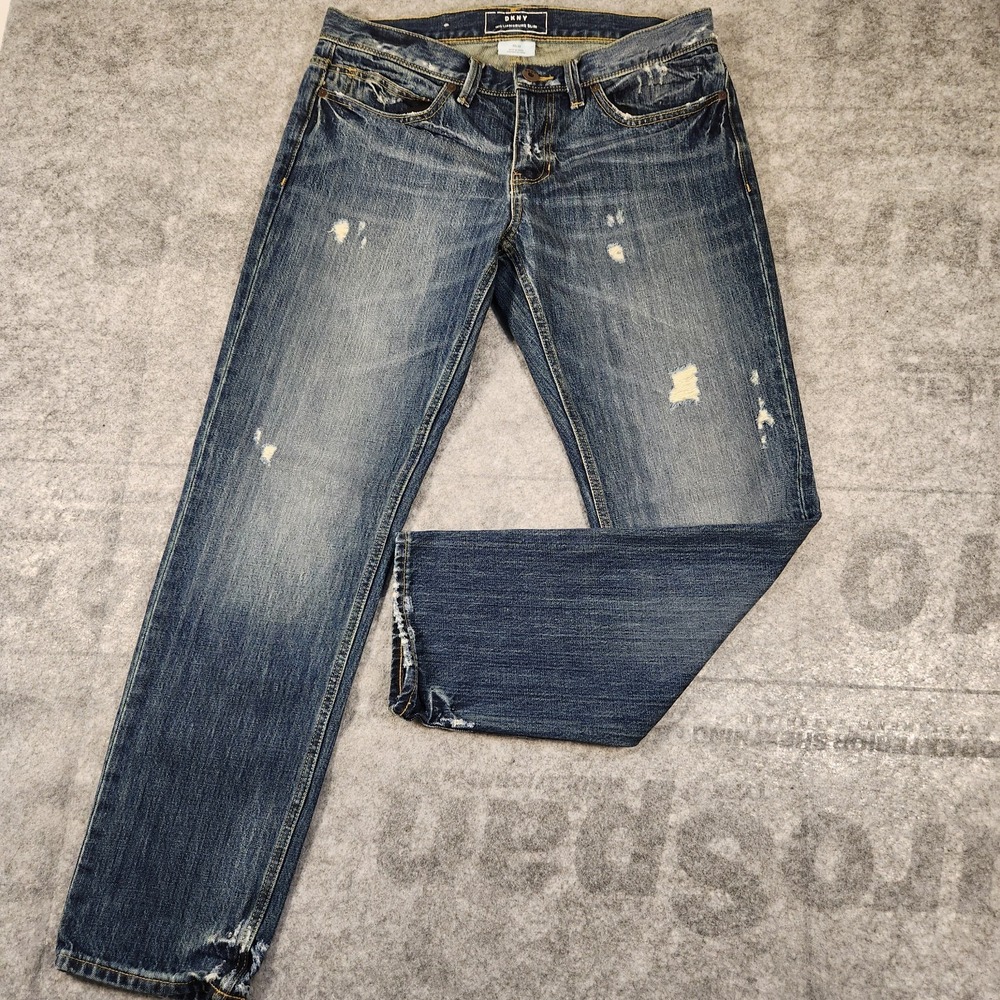 DKNY jeans men 33x29 blue Demin Williamsburg slim low rise straight distressed
